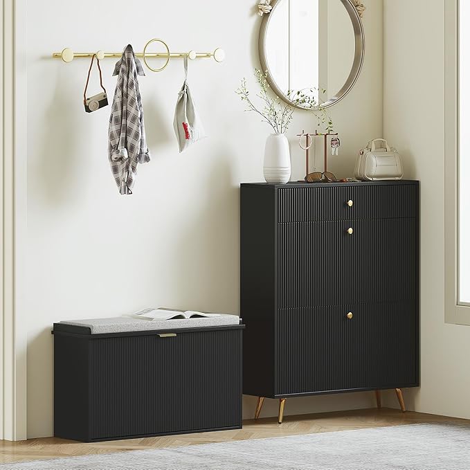 HOMCOM Narrow Shoe Bench with Padded Seat Cushion and Flip-Drawer, Small Entryway Bench Holds up to 265lb, Shoe Cabinet, 31.5x10.2x18.7 Inches, Black