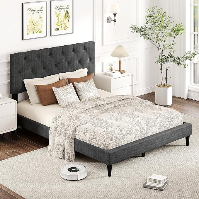 Giantex Full Size Platform Bed Frame, Modern Upholstered Bed Frame with Diamond Tufting Headboard, Wooden Slats Support, No Box Spring Needed, Gray