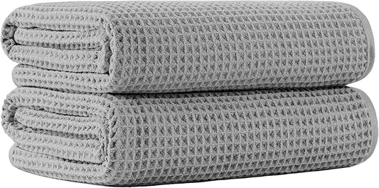 New Microfiber Waffle Bath Towels, 2 Pieces, Oversized, Soft, Absorbent, Fast Drying, Lint Free (Silver)