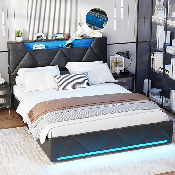Vabches Full Bed Frame with Storage Headboard and 4 Drawers,Upholstered Platform with Charging Station and Led Lights,Adjustable Headboard with Pu Leather,No Box Spring Needed,Black