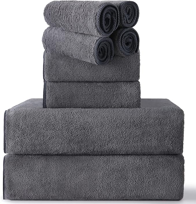 MINCHI 8 Piece Bath Towels Set, 600 GSM Absorbent Bathroom Towel for Home and Hotel Oversize Towel Sheet, 2 Large Bath Towels 35x70 inches, 2 Hand Towels,4 Wash Cloths, Dark Gray