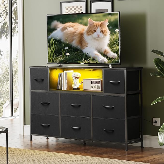 WLIVE Black TV Stand for 45, 50, 55 inch TV, Entertainment Center with LED Lights & Charging Station, TV Media Console Table with 8 Fabric Drawers and Open Shelves for Living Room, Hallway, Wood Top