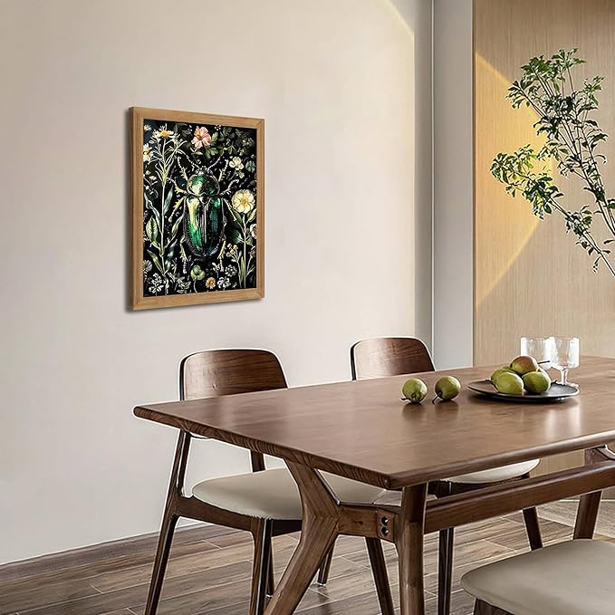 Framed Vintage 3D Textured Wall Art - Gothic Dark College Beetle Wall Decor - Hand Drawn Sandstone Nature Botanical Pictures for Living Room Bedroom Home Decor 12x16in