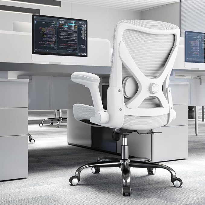 Home Office Ergonomic Chair-Computer PU Leather X-Shaped Desk Chair-Gaming Chair with Adjustable Flip-up Armrests Lumbar Support Mesh Executive Chair for Long Hours Office (White)