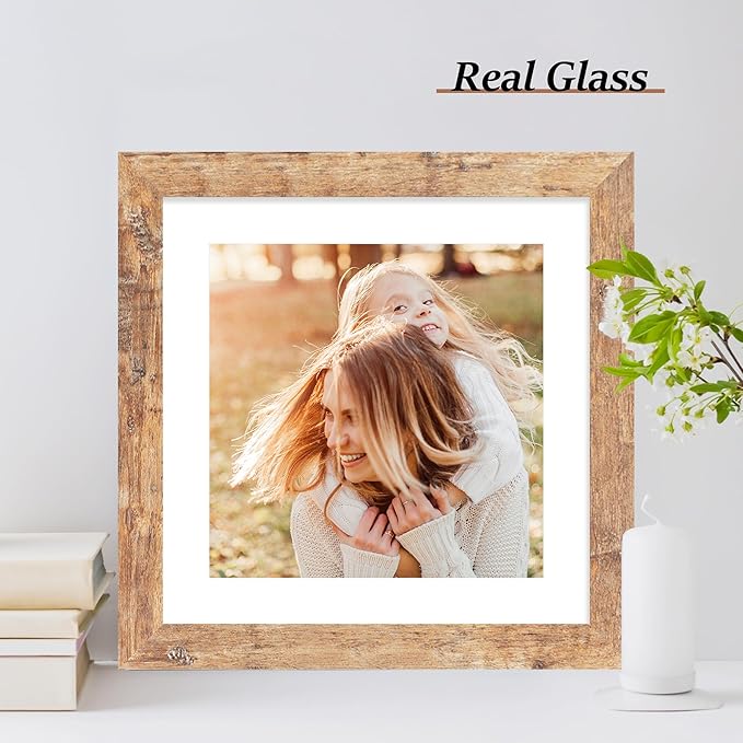 10x10 Picture Frame Set of 4 with Real Glass, Rustic Brown Frames Display 8x8 Picture with Mat or 10 x 10 Without Mat, Wooden Square Photo Frame for Wall Mount and Tabletop Display