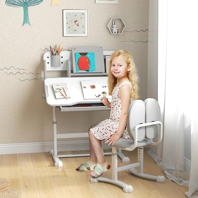 Qaba Kids Desk and Chair Set, Height Adjustable Kids School Study Desk and Chair Set with Tilt Desktop, Storage Drawer and Reading Rack for Writing, Reading and Drawing, Gray