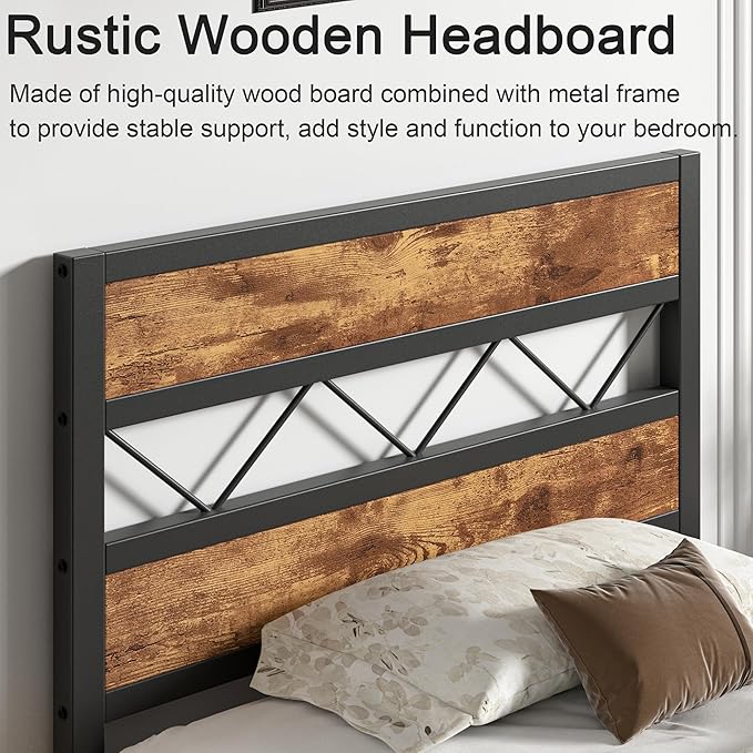 VECELO Twin Size Bed Frame with Headboard, Heavy-Duty Platform Bedframe with Metal Slats Support, No Box Spring Needed, Easy Assembly, Black & Brown