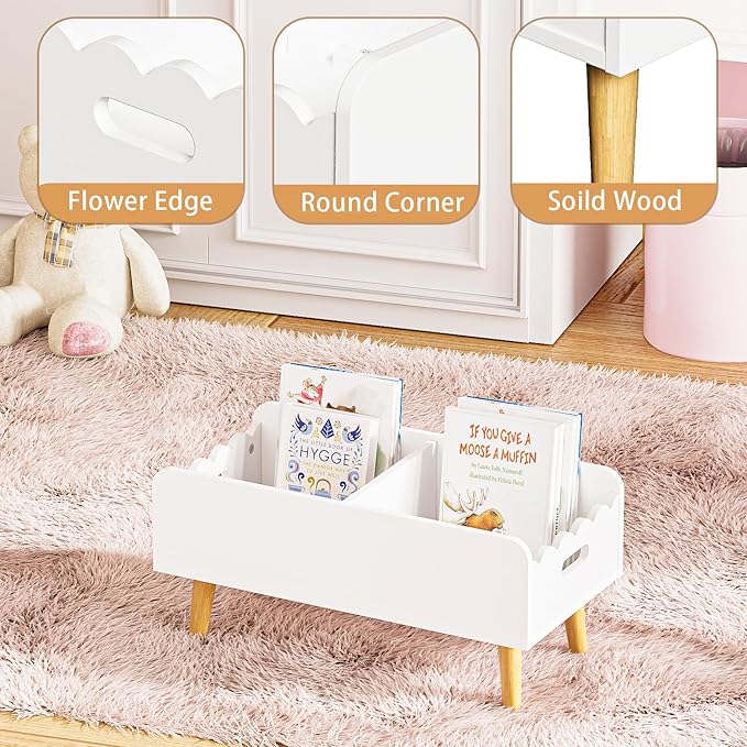 GRANTLEY Montessori Kids Bookshelf for Toddler - Wooden Book Shelf for Kids Rooms, Little Low Book Basket with Dividers, Floor Book Caddy, Minimalist Mobile Bookcase for Classroom Nursery