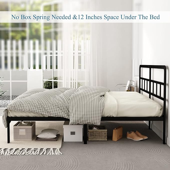 Metal Platform King Bed Frame with Headboard, 14 Inch No Box Spring Needed Heavy Duty Steel Slat Mattress Foundation/Easy Assembly/Noise Free/Black