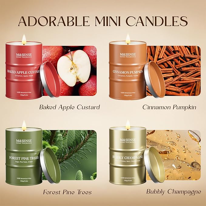 Mini Candle Set | Scented Candles Gift Set | 4 Pack Candles for Home Scented Candle,Apple Pumpkin Cinnamon Pine Champagne Candle,Gift Set for Women and Men,Soy Wax 14 oz 86 Hour