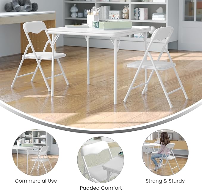 Flash Furniture Mindy Kids 3-Piece Folding Table and Chairs Set for Daycare and Classrooms, Children's Activity Table and Chairs Set, White