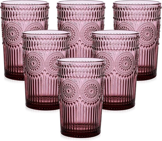 Vintage Glassware Drinking Glasses Set of 6,13 oz Purple Textured Flower Design Glass Water Tumblers,Embossed Striped Drinkware for Water,Cocktails,Juice,Iced Coffee