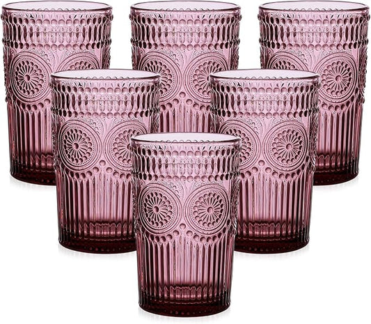 Vintage Glassware Drinking Glasses Set of 6,13 oz Purple Textured Flower Design Glass Water Tumblers,Embossed Striped Drinkware for Water,Cocktails,Juice,Iced Coffee