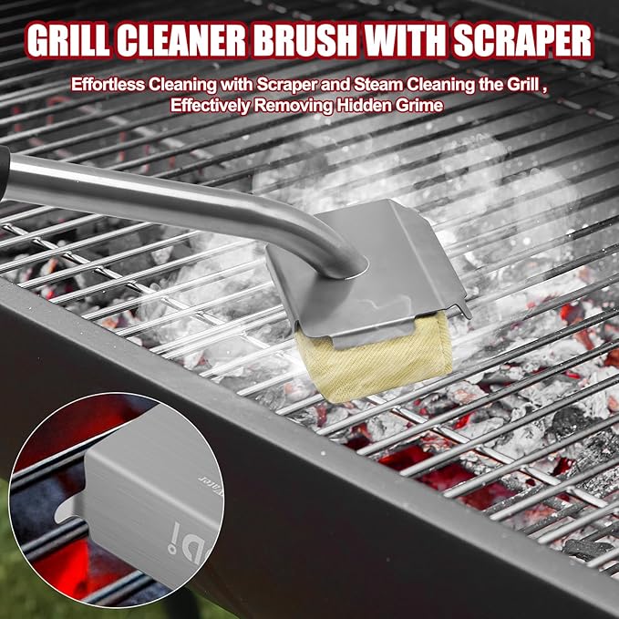 Steam Grill Brush-Grill Brush Bristle Free,Reinforced Grill Cleaner Scraper,Heat-Resistant Aramid Fiber Twill Pads,Replaceable Head Barbecue Grill Cleaner Brush,Grill Brush for Outdoor
