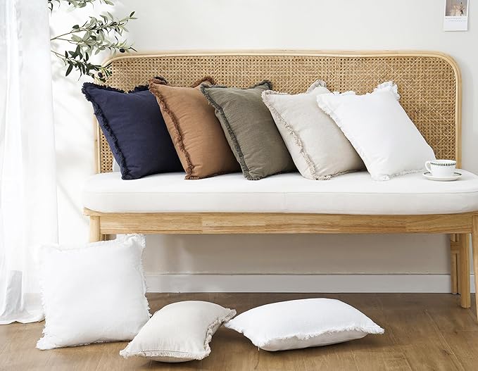 Foindtower Set of 2 Decorative Linen Fringe Throw Pillow Covers Cozy Boho Farmhouse Cushion Cover with Tassels Soft Accent Pillowcase for Couch Sofa Bed Living Room Home Decor, 16×16 Inch, Khaki Brown