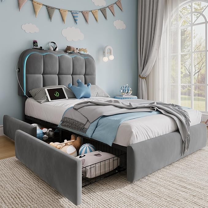 Twin Bed Frame with Storage Drawers and Headborad, Upholstered LED Twin Size Platform Bed Frame for Kids – Sturdy Metal Bed Frame Twin with Wood Slats Support, No Box Spring Needed,Grey
