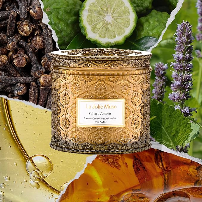 LA JOLIE MUSE Amber Candle, Scented Candles for Home, Large 2-Wick Soy Candles, Luxury Jar Candle Gifts for Women & Men, 60 Hours Long Burning, Sahara Ambre, 12oz