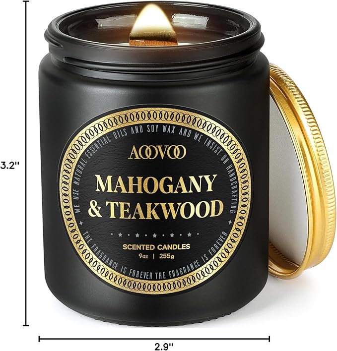 AOOVOO Scented Candles for Men - Mahogany & Teakwood Candles for Home Scented | Crackling Wood Wick Soy Candles | Strong Fragranced Masculine Black Candle Gift for Women & Men, 9oz