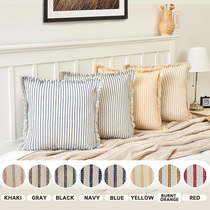 ZWJD Throw Pillow Covers 22x22 Set of 2 Striped Pillow Covers with Fringe Chic Cotton Decorative Pillows Square Cushion Covers for Sofa Couch Bed Living Room Farmhouse Decor