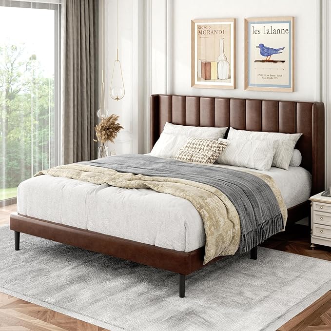 Queen Size Bed Frame with Upholstered Wingback Headboard, Easy Assemnly Platform Bed, Wooden Slat Support No Box Spring Needed, Dark Brown Leather