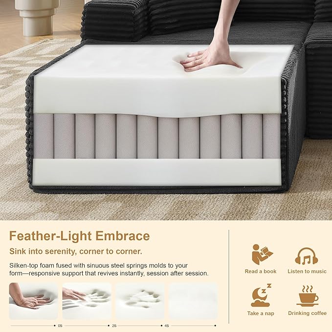 105''Sectional Cloud Couch with L Shaped Chaise,Modern Modular Sectional Sofa,Comfy Sectional Couches for Living Room,Bedroom,Apartment (Black, Left Facing Chaise)