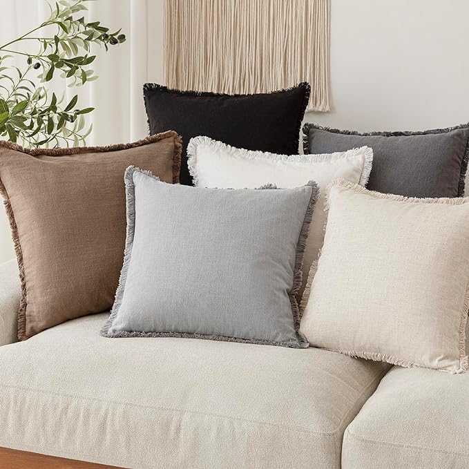 Foindtower Set of 2 Decorative Linen Fringe Throw Pillow Covers Cozy Farmhouse Cushion Cover with Tassels Accent Pillowcase for Couch Chair Sofa Bed Living Room Home Decor,20×20 Inch,Light Rustic Gray