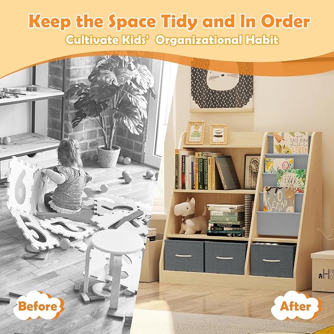 Kids Bookshelf Wood Montessori Toy Storage Organizer Cabinet Shelf Child Bookcase Toddler Baby Sling Book Rack 3 Cube Bin Fabric Drawers for Playroom Bedroom Nursery School