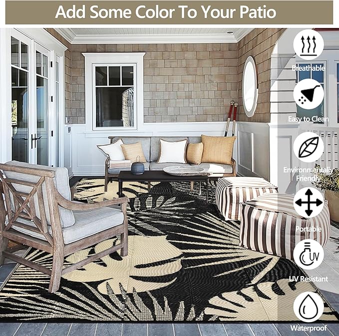 Waterproof Outdoor Rug 8x10 ft, Reversible Plastic Straw Mat with Leaf Pattern, Large Floor Mat for Patio, Camping, Picnic, Backyard RV, Deck, Black