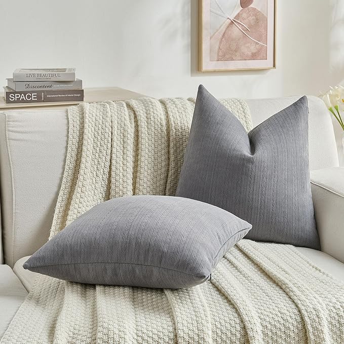 FUTEI Dark Grey Decorative Throw Pillow Covers 26x26 Inch Set of 2,Soft Cozy Wheat Ear Striped Patterns Euro Pillow Shams,Modern Home Decor for Couch Bed Living Room