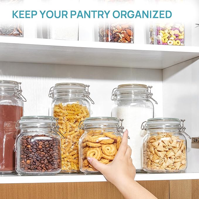 Vtopmart 34oz Glass Food Storage Jars with Airtight Clamp Lids, 3 Pack Kitchen Canisters for Flour, Cereal, Coffee, Pasta and Canning, Square Mason Jar with 8 Chalkboard Labels