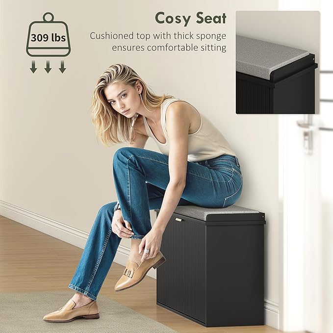 HOMCOM Narrow Shoe Bench with Padded Seat Cushion and Flip-Drawer, Small Entryway Bench Holds up to 265lb, Shoe Cabinet, 31.5x10.2x18.7 Inches, Black