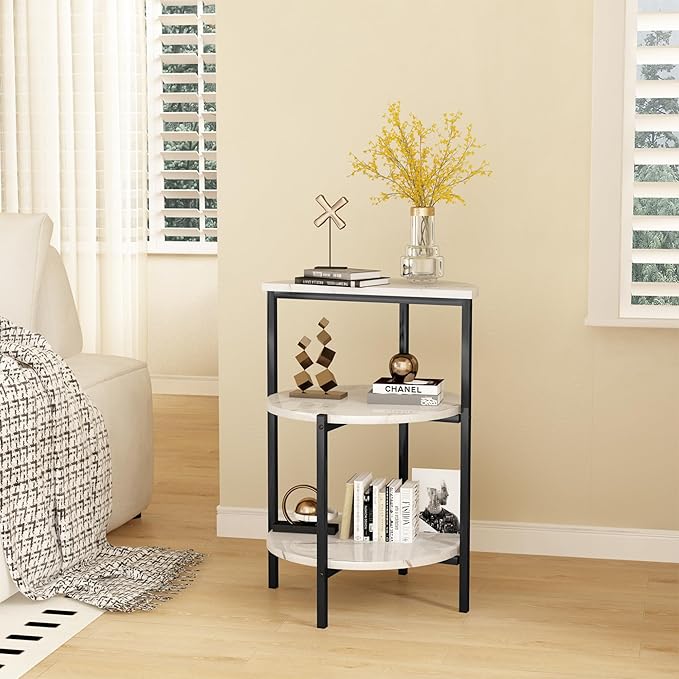 AWQM Marble Side End Table Set, 3-Tier Sofa Side Table, Small Round Coffee, Table Bedside Table of 2, Corner Table w/Metal Frame for Living Room Bedroom, White+Black