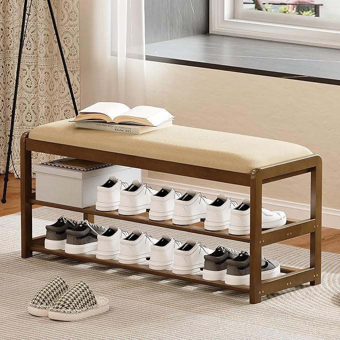 2-Tier Bamboo Shoe Bench with Cushion and Hidden Drawer, Entryway Shoe Rack Organizer with Storage for Hallway, Bedroom, Front Door, Mudroom Seating Bench, Walnut