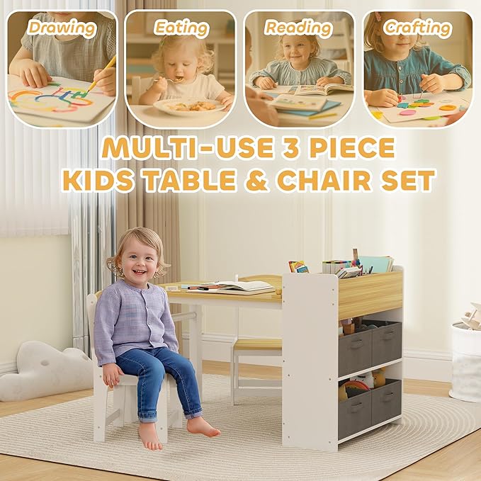 Qaba Kids Art Table & Easel Chair Set with Paper Roll, Toddler Desk and Chairs Set with Storage Shelves and Drawers, Activity Craft and Play Table for Writing Drawing Aged 3-8 Years Old, Natural Wood
