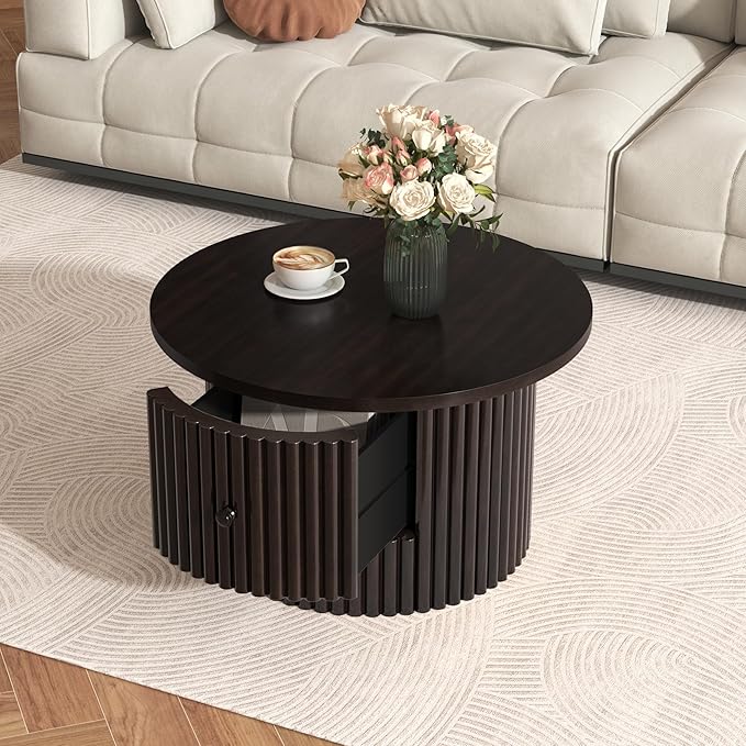 WILLIAMSPACE 30.5" Round Coffee Table with a Drawer, Modern Farmhouse Wood Circle Drum Center Table with Vertical Slat Base, Accent Side End Table for Living Room Apartment, Dark Brown