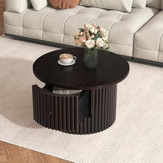 WILLIAMSPACE 30.5" Round Coffee Table with a Drawer, Modern Farmhouse Wood Circle Drum Center Table with Vertical Slat Base, Accent Side End Table for Living Room Apartment, Dark Brown