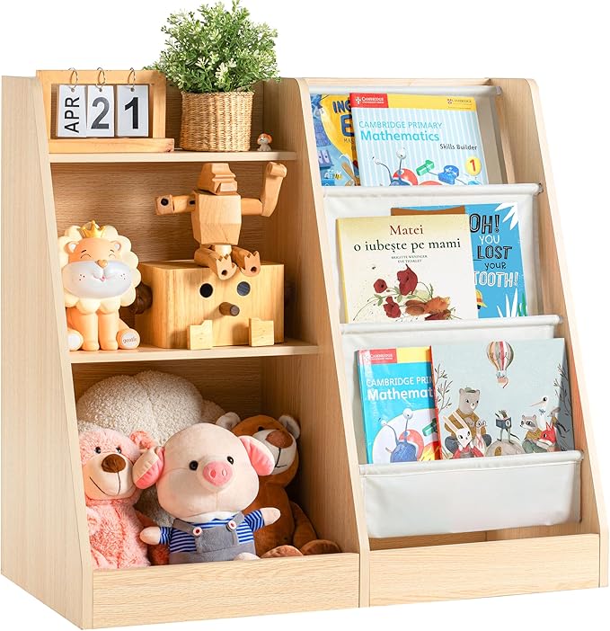 3 Tier Kids Wooden Bookshelf Baby Toddler Bookshelf and Toy Storage Organizer with Three Layer Sling Bookcase for Kids Room Playroom Nursery Classroom