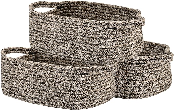 KALLAX Small Woven Basket, 12 x 8 x 4.5 Inches, Small Storage Baskets for Organizing, Gift Baskets Empty, Cute Rope Shelf Closet Storage Bins for Shelves, Dog Toy Basket, 3 Packs, Black & Brown Mixed