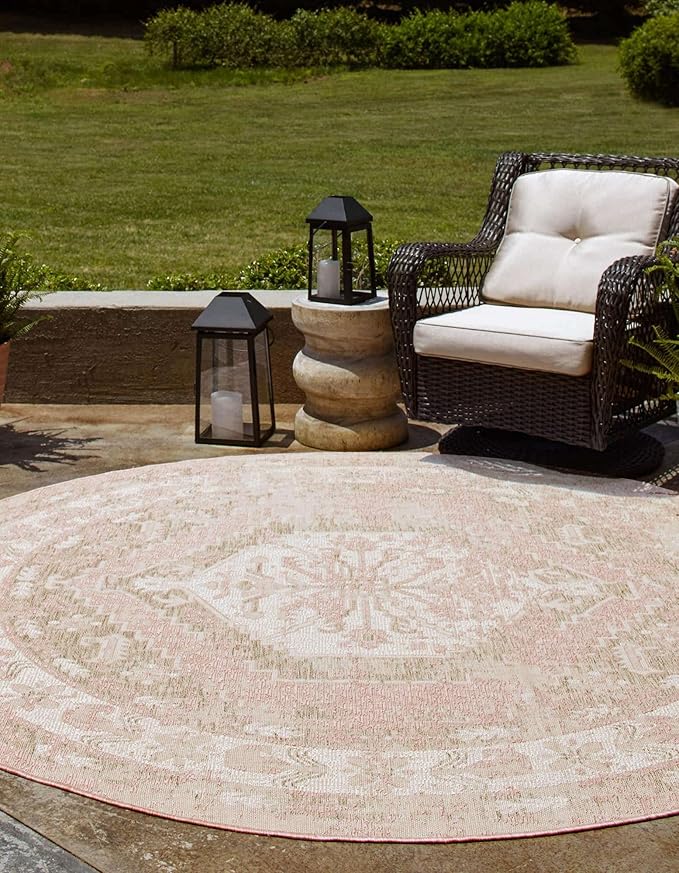 Unique Loom Outdoor Traditional Collection Area Rug - Valeria (3' 3" Round, Pink/ Ivory)