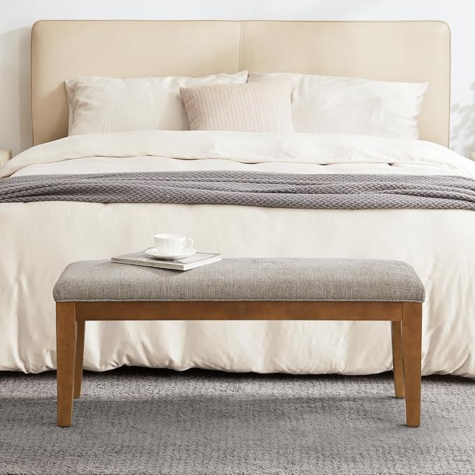 HUIMO Upholstered Entryway Bench, Bedroom Bench with Solid Wooden Legs, End of Bed Bench with Padded Seat for Living Room, Bedroom, Corners, Kitchen (Brown), 44*16*19, BEN1-2