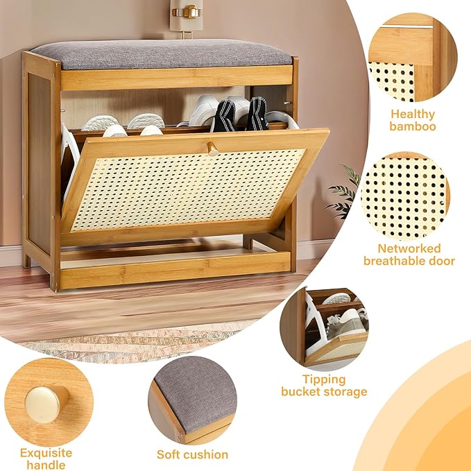 Rattan Small Entryway Bench with 2 Tie Flip Drawers Narrow Shoe Rack Bench for Wooden Shoe Organizer for Entryway Hallway Living Room Hallway Closet Rustic Oak Rattan, Suitable for US10 and Under