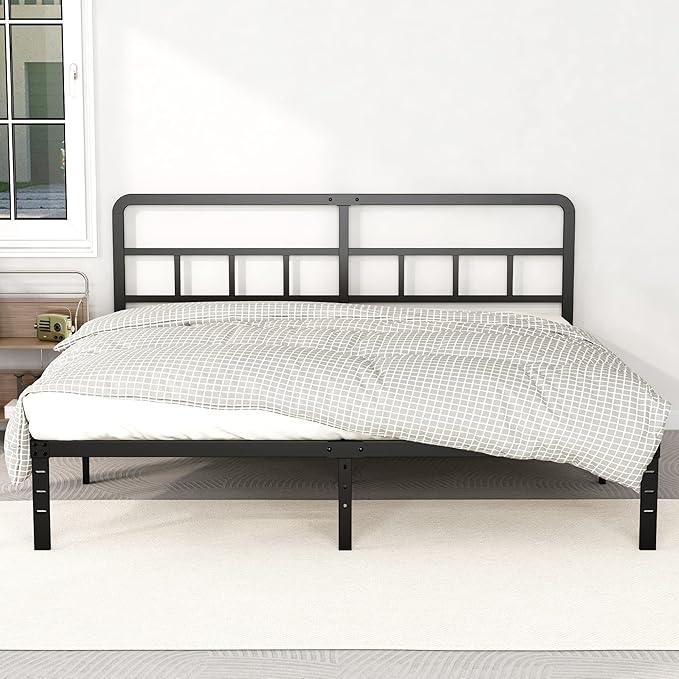 Metal Platform King Bed Frame with Headboard, 14 Inch No Box Spring Needed Heavy Duty Steel Slat Mattress Foundation/Easy Assembly/Noise Free/Black