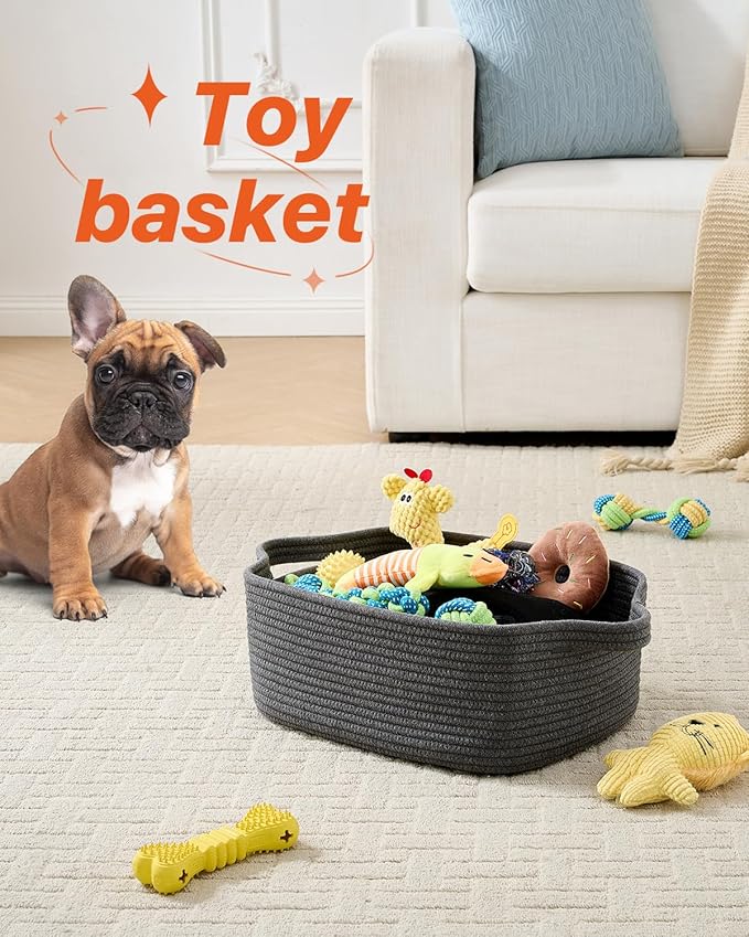 KALLAX Small Woven Basket, 14 x 10 x 5.6 Inches, Small Storage Baskets for Organizing, Gift Baskets Empty, Cute Rope Shelf Closet Storage Bins for Shelves, Dog Toy Basket, Dark Grey