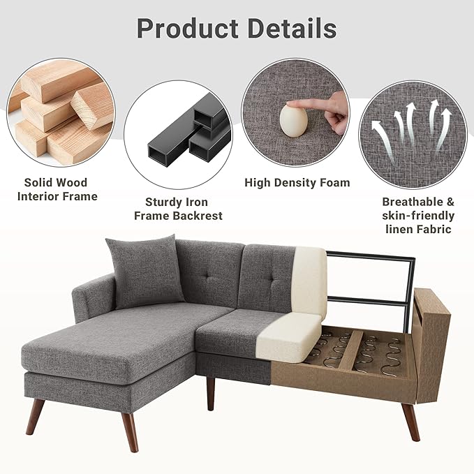 Tbfit L Shaped Couch Sofa, 80" W Mid-Century Modern Sectional Couches, 3 Seater Sofas with Wide Chaise Lounge & Two Pillows,Button Tufted Upholstered Sectional Sofa for Living Room, Bedroom, Gray