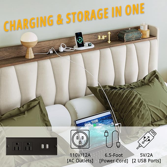 ANCTOR Full Size Bed Frame with 3 Drawers, Upholstered Platform Bed with Storage Headboard and Charging Station, No Box Spring Needed, Easy Assembly, Beige