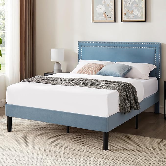 VECELO Bed Frame Queen Size with Adjustable Upholstered Headboard, Wooden Slats Platform, Noise-Free Design, Easy Assembly