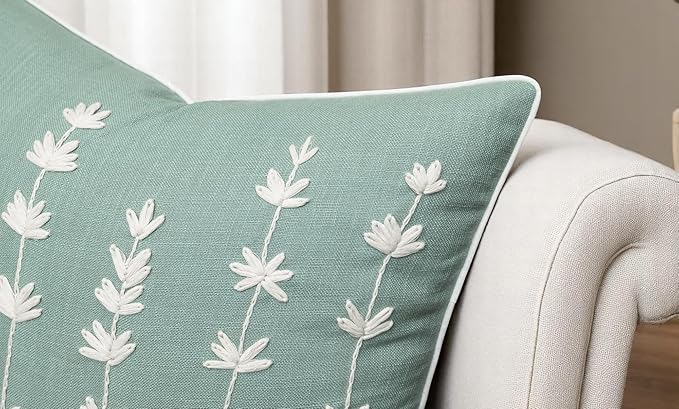 VAGMINE Hand Embroidered Daisy Accent Throw Pillow Cover - 18x18 Inches Square - 100% Cotton Light Teal Decorative Cushion Cover for Couch, Sofa, Bed - Textured Embroidery - Elegant Floral Home Décor