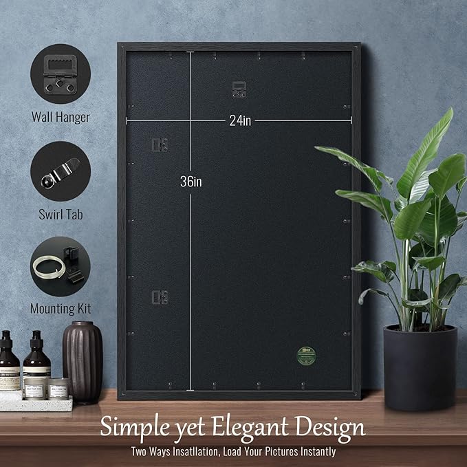 VCK 24x36 Poster Frames Black 4 Pack, Textured Exclusive Solid Wood Picture Frame, Wall Gallery Frame