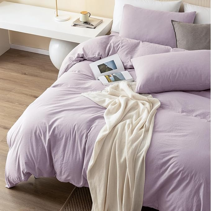 JIYUAN 100% Washed Cotton Duvet Cover Set 3 Pieces King, 1 Duvet Cover 104x90 Inches(Comforter Not Included) and 2 Pillowcases,Linen Like Comfy and Breathable,Heathered Light Purple