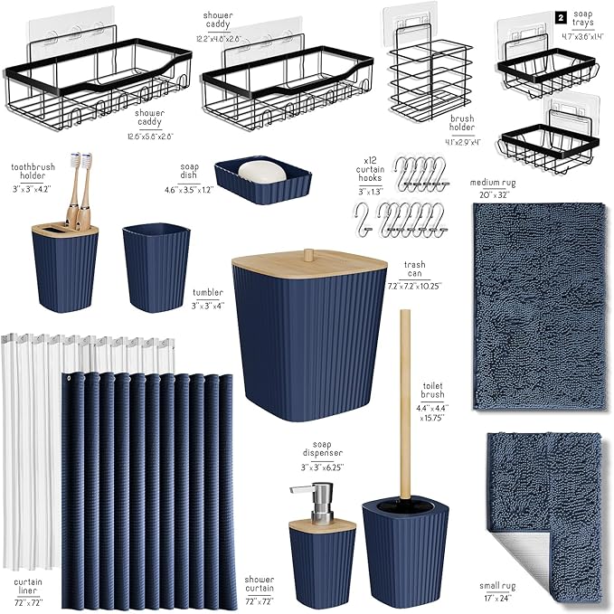 Bathroom Accessories Set with Shower Caddy and Bath Rugs, 27PC Bathroom Accessory Set with Shower Caddies Navy Bath Rugs, Shower Curtain Set, Toilet Brush, Trash Can, Soap Dispenser, Toothbrush holder